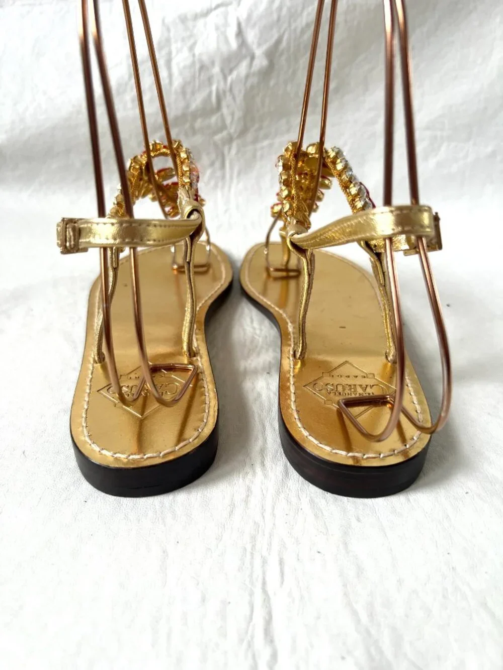 Emanuela Caruso Capri sandals 37 6.5 gold leather bejeweled red rhinestone thong